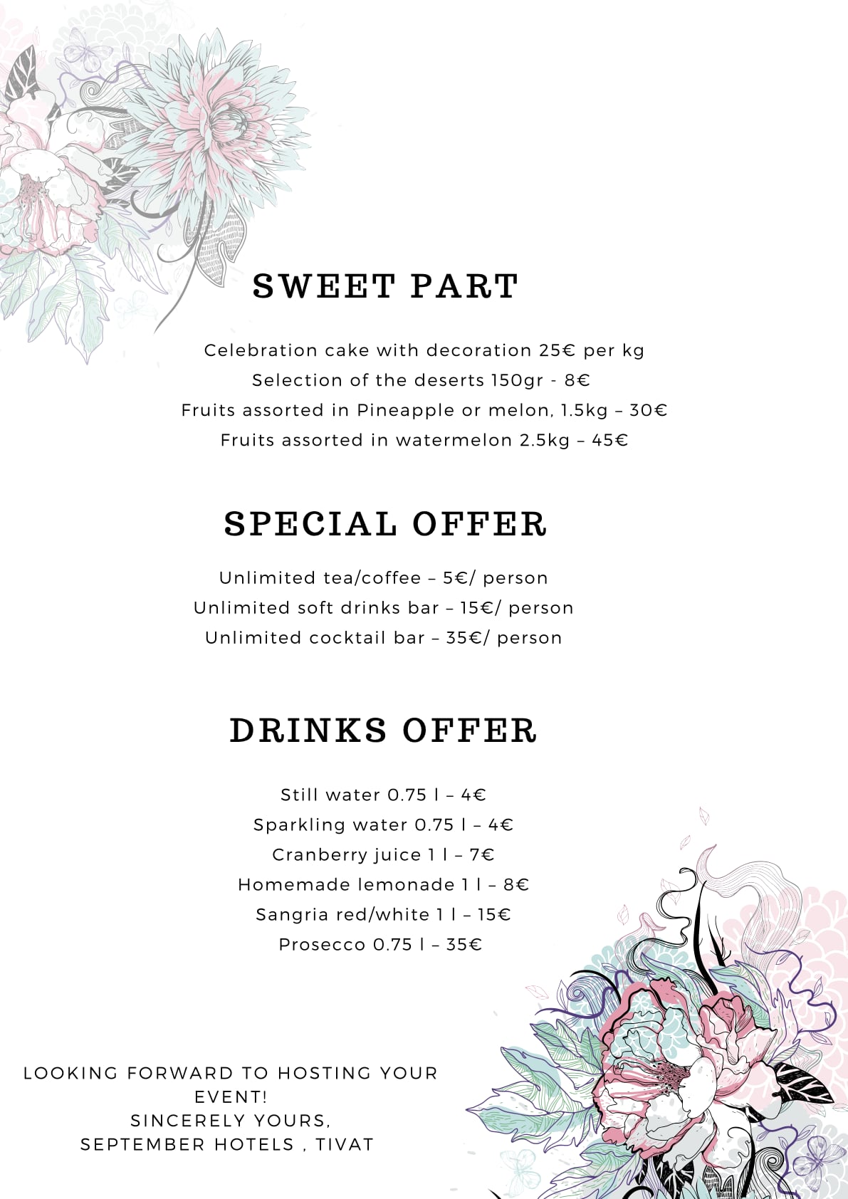 Sweet menu and drinks